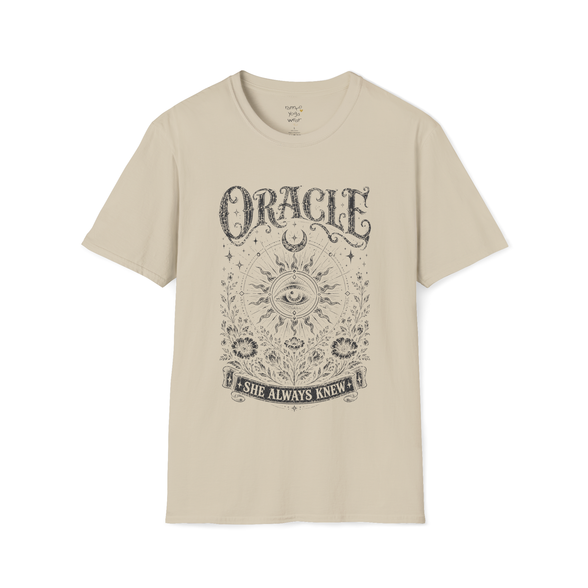 Oracle T-Shirt in sand featuring celestial eye illustration with sacred geometry and aged vintage screenprint styling.