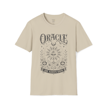 Oracle T-Shirt in sand featuring celestial eye illustration with sacred geometry and aged vintage screenprint styling.