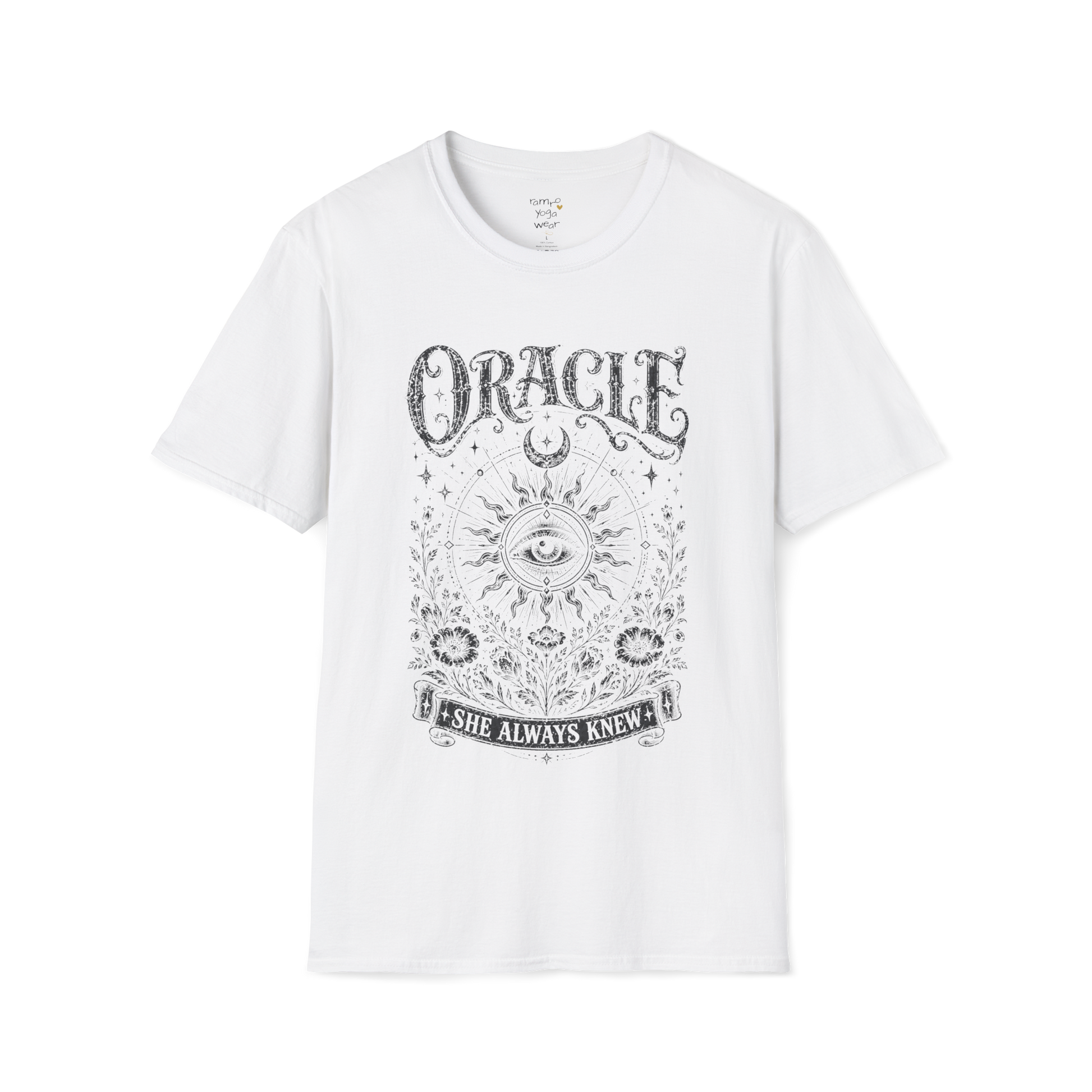 Oracle T-Shirt in white featuring distressed mystical eye artwork with celestial sun rays and spiritual botanical detailing.