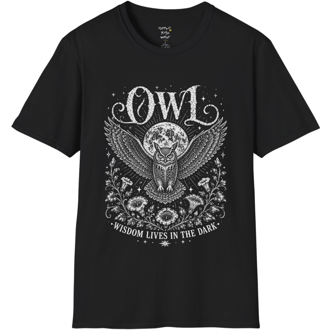Black Owl T-Shirt featuring vintage mystical owl artwork with moon, celestial stars, floral detailing, and distressed white etched illustration.