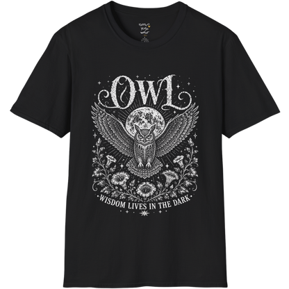 Black Owl T-Shirt featuring vintage mystical owl artwork with moon, celestial stars, floral detailing, and distressed white etched illustration.