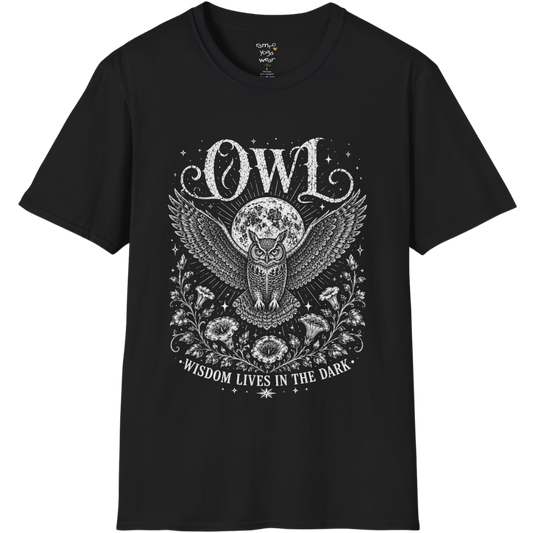 Black Owl T-Shirt featuring vintage mystical owl artwork with moon, celestial stars, floral detailing, and distressed white etched illustration.