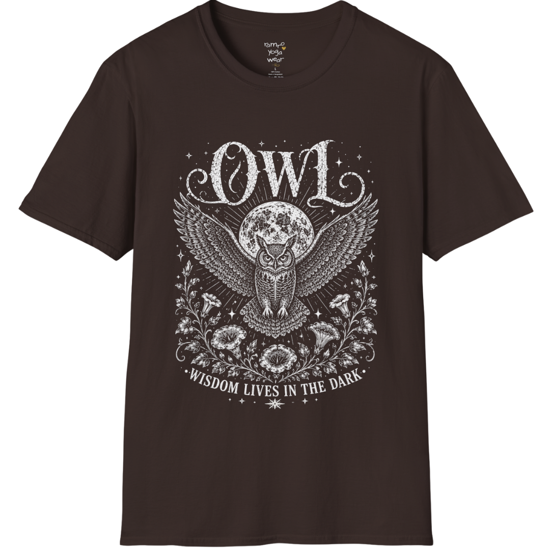 Dark Chocolate Owl T-Shirt with celestial owl illustration, moon backdrop, botanical florals, and vintage-inspired mystical etched artwork.
