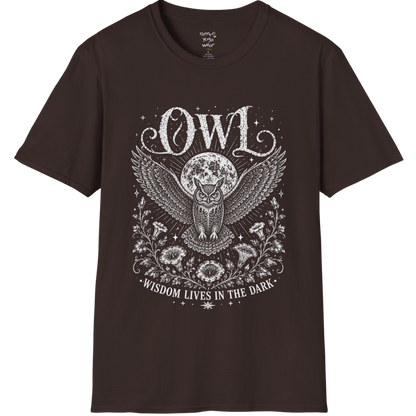 Dark Chocolate Owl T-Shirt with celestial owl illustration, moon backdrop, botanical florals, and vintage-inspired mystical etched artwork.
