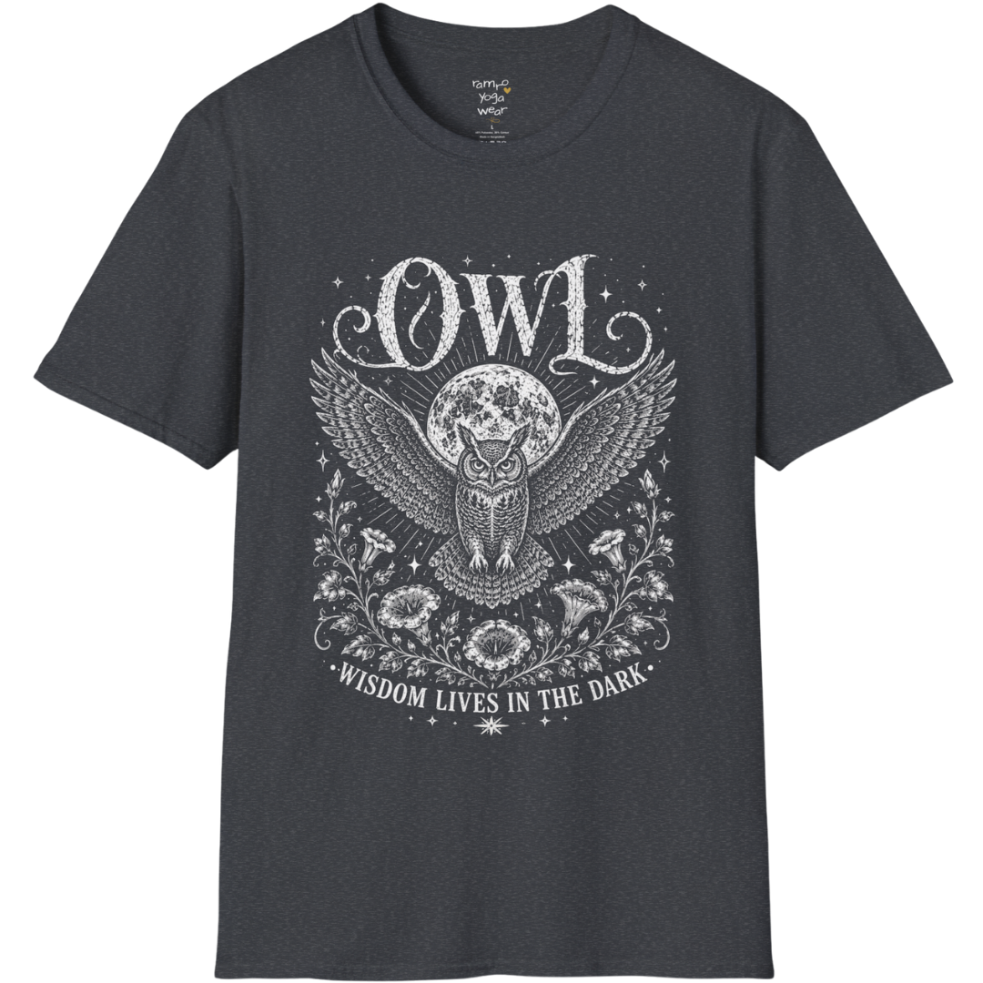 Dark Heather Grey Owl T-Shirt featuring detailed owl wings, moon symbolism, floral line art, and distressed spiritual graphic design.