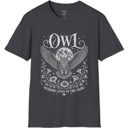 Dark Heather Grey Owl T-Shirt featuring detailed owl wings, moon symbolism, floral line art, and distressed spiritual graphic design.