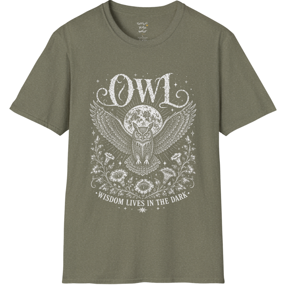 Heather Military Green Owl T-Shirt with mystical owl artwork, moonlit celestial elements, vintage botanical etching, and spiritual nature aesthetic.