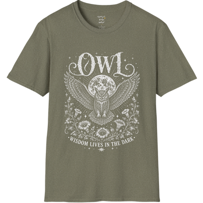 Heather Military Green Owl T-Shirt with mystical owl artwork, moonlit celestial elements, vintage botanical etching, and spiritual nature aesthetic.