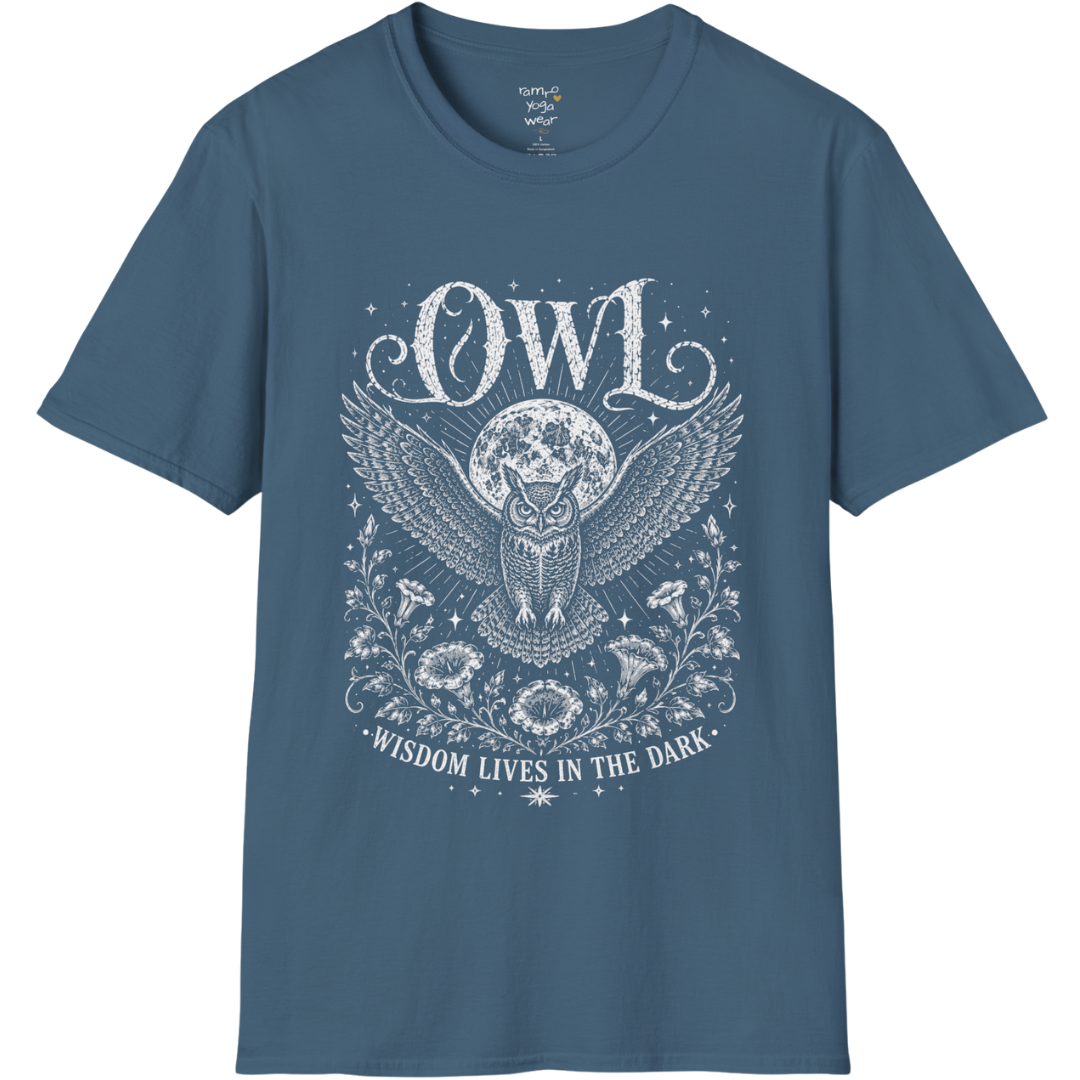 Indigo Blue Owl T-Shirt featuring a vintage owl illustration with celestial moon, botanical detailing, and distressed mystical line art.