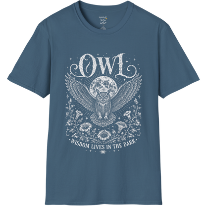 Indigo Blue Owl T-Shirt featuring a vintage owl illustration with celestial moon, botanical detailing, and distressed mystical line art.