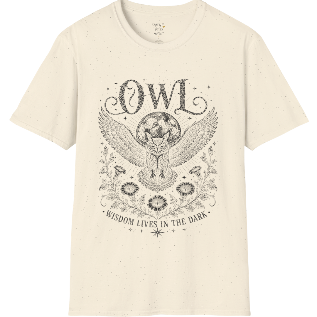 Natural Owl T-Shirt featuring dark grey vintage owl etching with moon symbolism, celestial stars, and botanical mystical detailing.