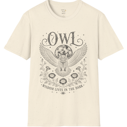 Natural Owl T-Shirt featuring dark grey vintage owl etching with moon symbolism, celestial stars, and botanical mystical detailing.