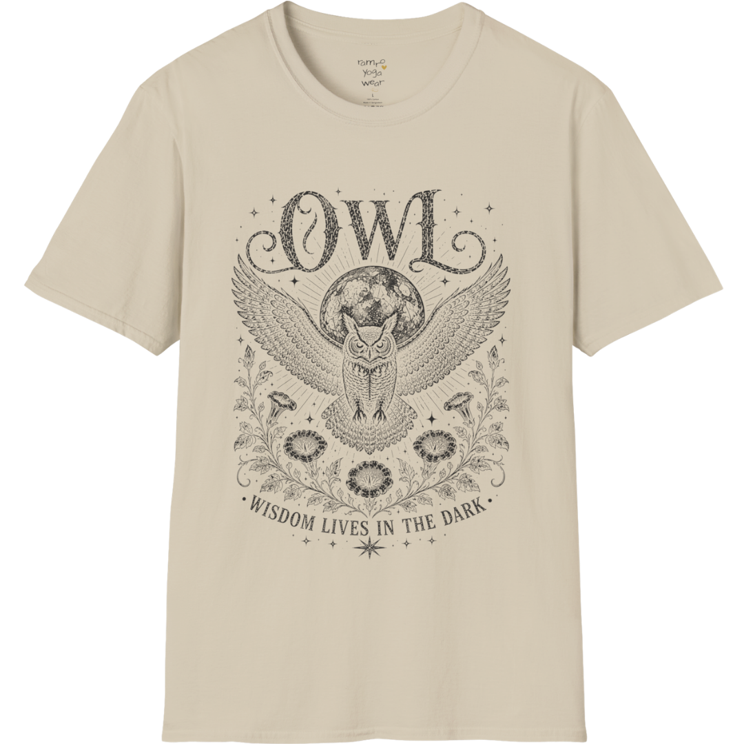 Sand Owl T-Shirt with distressed owl artwork, moon illustration, floral linework, and vintage spiritual etched graphic design.