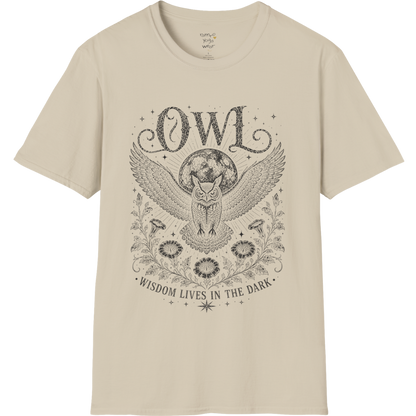 Sand Owl T-Shirt with distressed owl artwork, moon illustration, floral linework, and vintage spiritual etched graphic design.