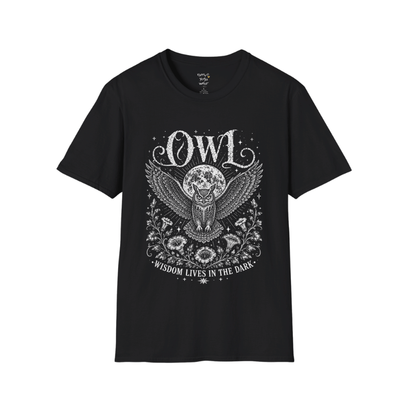 Black Owl T-Shirt featuring vintage mystical owl artwork with moon, celestial stars, floral detailing, and distressed white etched illustration.