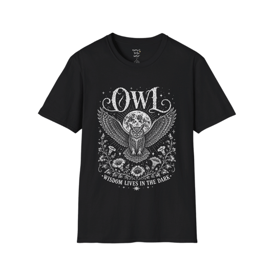 Black Owl T-Shirt featuring vintage mystical owl artwork with moon, celestial stars, floral detailing, and distressed white etched illustration.
