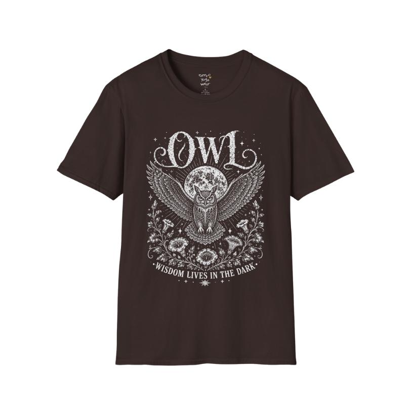 Dark Chocolate Owl T-Shirt with celestial owl illustration, moon backdrop, botanical florals, and vintage-inspired mystical etched artwork.