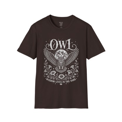 Dark Chocolate Owl T-Shirt with celestial owl illustration, moon backdrop, botanical florals, and vintage-inspired mystical etched artwork.