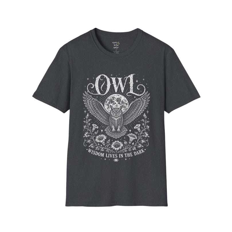 Dark Heather Grey Owl T-Shirt featuring detailed owl wings, moon symbolism, floral line art, and distressed spiritual graphic design.