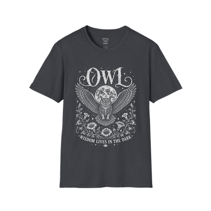 Dark Heather Grey Owl T-Shirt featuring detailed owl wings, moon symbolism, floral line art, and distressed spiritual graphic design.