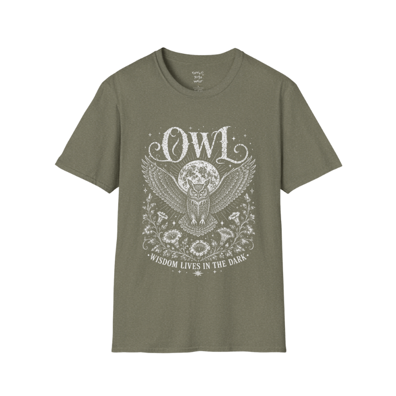 Heather Military Green Owl T-Shirt with mystical owl artwork, moonlit celestial elements, vintage botanical etching, and spiritual nature aesthetic.