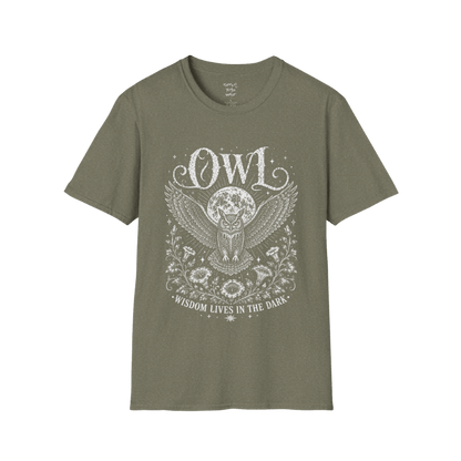 Heather Military Green Owl T-Shirt with mystical owl artwork, moonlit celestial elements, vintage botanical etching, and spiritual nature aesthetic.