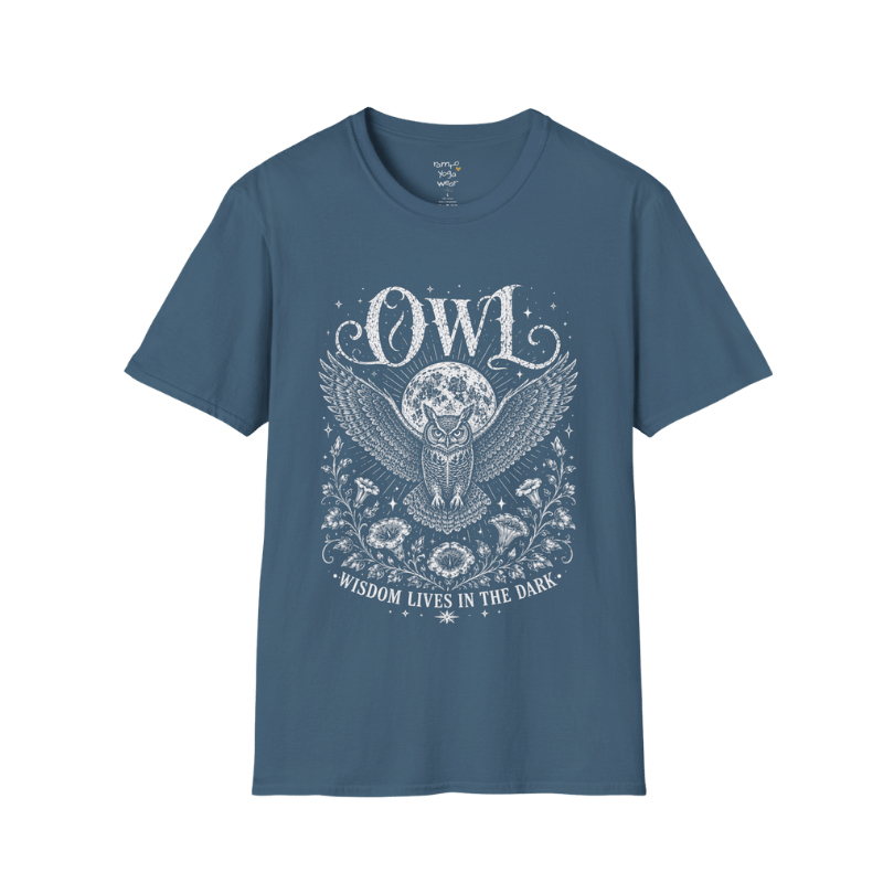 Indigo Blue Owl T-Shirt featuring a vintage owl illustration with celestial moon, botanical detailing, and distressed mystical line art.