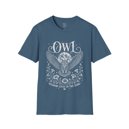 Indigo Blue Owl T-Shirt featuring a vintage owl illustration with celestial moon, botanical detailing, and distressed mystical line art.