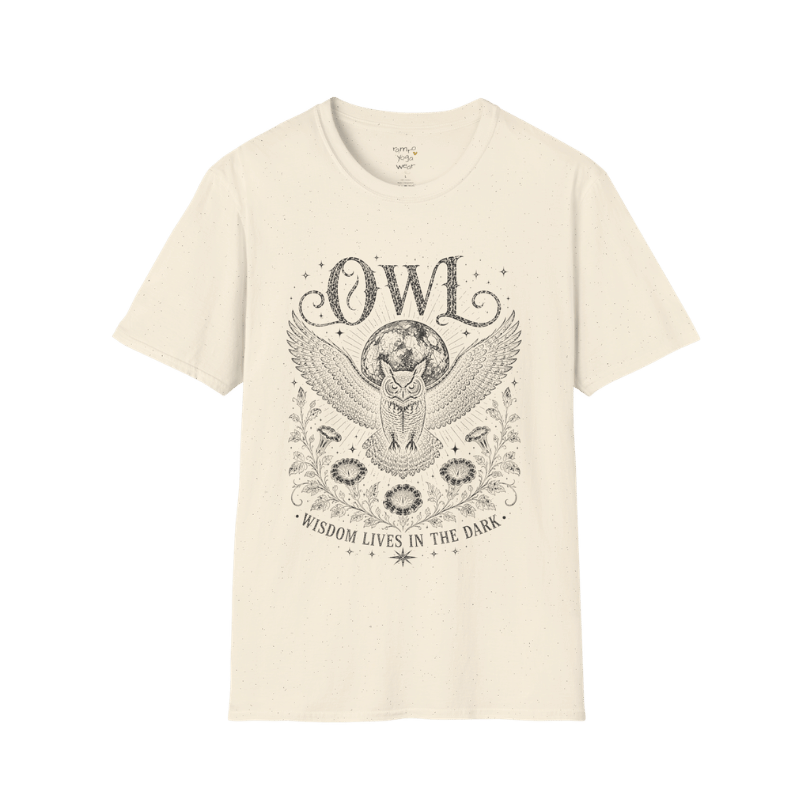 Natural Owl T-Shirt featuring dark grey vintage owl etching with moon symbolism, celestial stars, and botanical mystical detailing.
