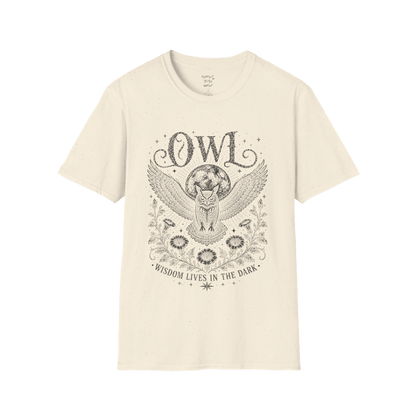 Natural Owl T-Shirt featuring dark grey vintage owl etching with moon symbolism, celestial stars, and botanical mystical detailing.