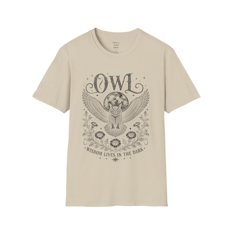 Sand Owl T-Shirt with distressed owl artwork, moon illustration, floral linework, and vintage spiritual etched graphic design.