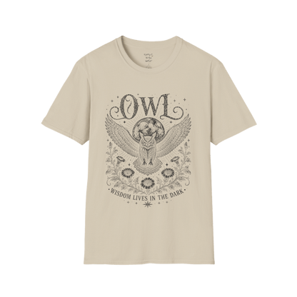 Sand Owl T-Shirt with distressed owl artwork, moon illustration, floral linework, and vintage spiritual etched graphic design.