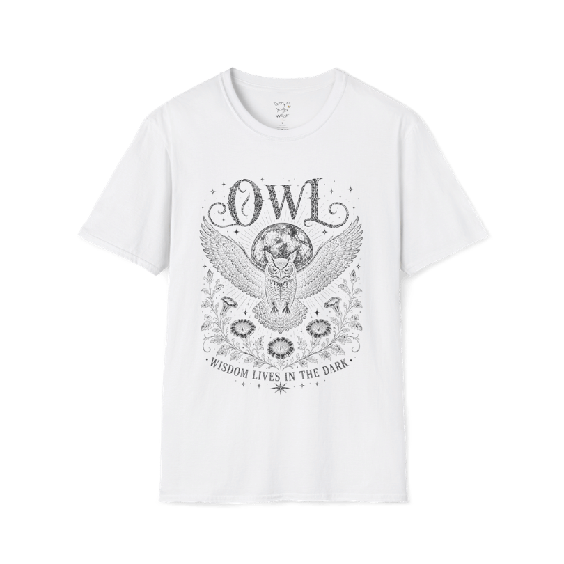 White Owl T-Shirt featuring soft grey mystical owl illustration with moon, botanical accents, celestial stars, and vintage etched detailing.