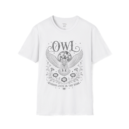 White Owl T-Shirt featuring soft grey mystical owl illustration with moon, botanical accents, celestial stars, and vintage etched detailing.