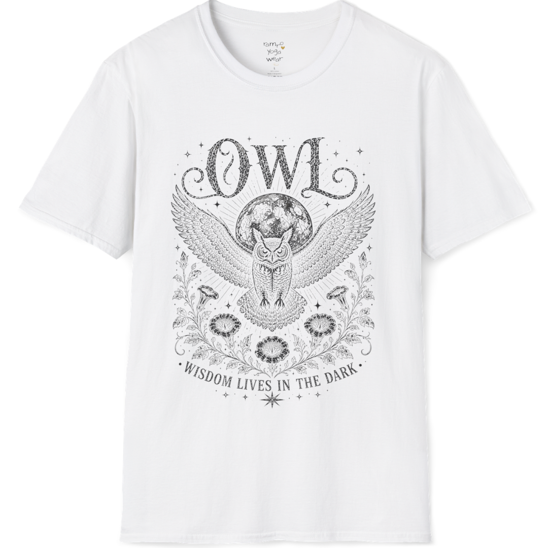 White Owl T-Shirt featuring soft grey mystical owl illustration with moon, botanical accents, celestial stars, and vintage etched detailing.