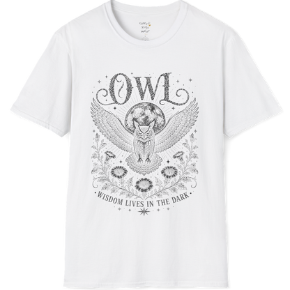 White Owl T-Shirt featuring soft grey mystical owl illustration with moon, botanical accents, celestial stars, and vintage etched detailing.