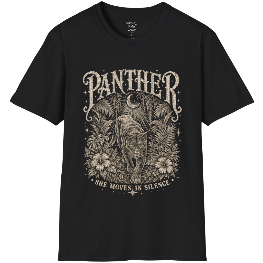 Ramro Yoga Wear Panther tee in Black — jungle panther crescent moon botanical vintage design, flat lay product shot