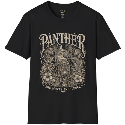 Ramro Yoga Wear Panther tee in Black — jungle panther crescent moon botanical vintage design, flat lay product shot