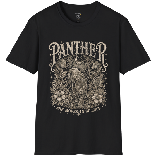 Ramro Yoga Wear Panther tee in Black — jungle panther crescent moon botanical vintage design, flat lay product shot