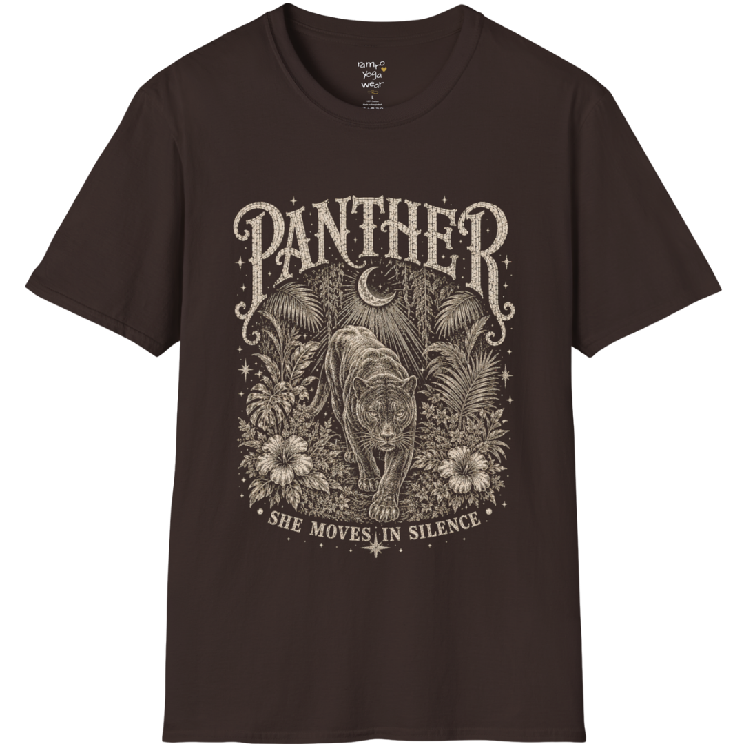 Ramro Yoga Wear Panther tee in Dark Chocolate — jungle panther crescent moon botanical vintage design, flat lay product shot