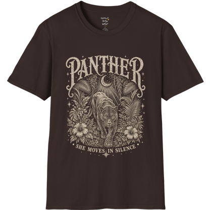 Ramro Yoga Wear Panther tee in Dark Chocolate — jungle panther crescent moon botanical vintage design, flat lay product shot