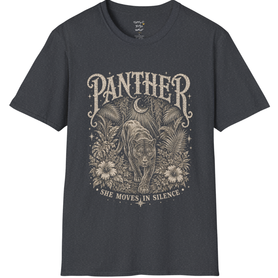 Ramro Yoga Wear Panther tee in Dark Heather Grey — jungle panther crescent moon botanical vintage design, flat lay product shot