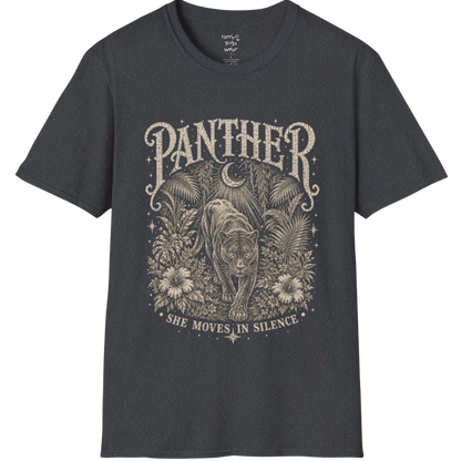 Ramro Yoga Wear Panther tee in Dark Heather Grey — jungle panther crescent moon botanical vintage design, flat lay product shot