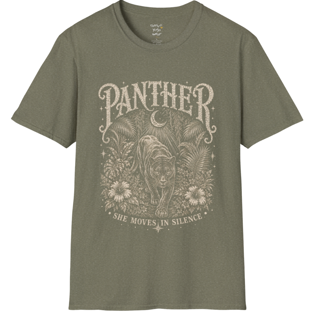 Ramro Yoga Wear Panther tee in Heather Military Green — jungle panther crescent moon botanical vintage design, flat lay product shot