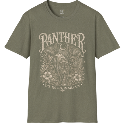 Ramro Yoga Wear Panther tee in Heather Military Green — jungle panther crescent moon botanical vintage design, flat lay product shot