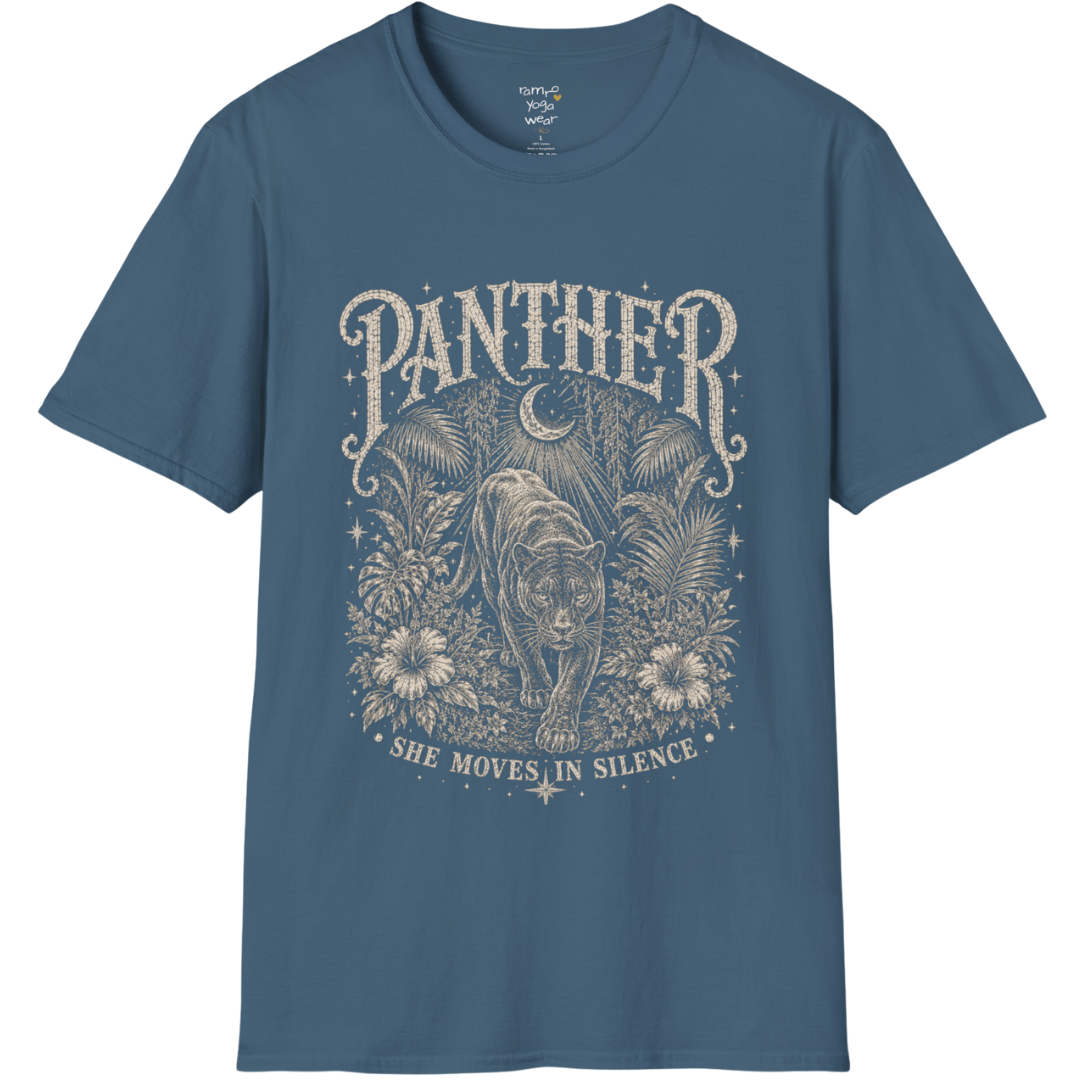 Ramro Yoga Wear Panther tee in Indigo Blue — jungle panther crescent moon botanical vintage design, flat lay product shot