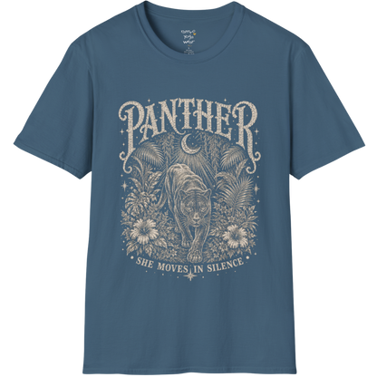 Ramro Yoga Wear Panther tee in Indigo Blue — jungle panther crescent moon botanical vintage design, flat lay product shot