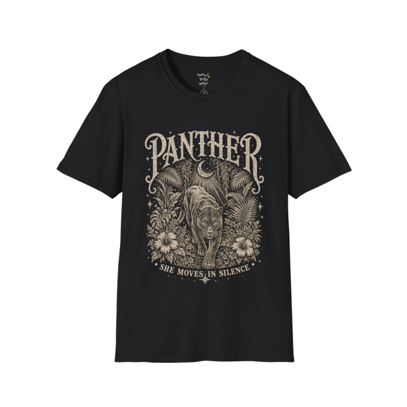  Ramro Yoga Wear Panther tee in Black — jungle panther crescent moon botanical vintage design, flat lay product shot