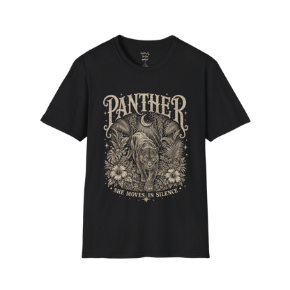  Ramro Yoga Wear Panther tee in Black — jungle panther crescent moon botanical vintage design, flat lay product shot