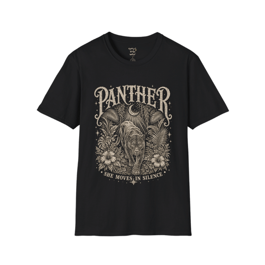  Ramro Yoga Wear Panther tee in Black — jungle panther crescent moon botanical vintage design, flat lay product shot
